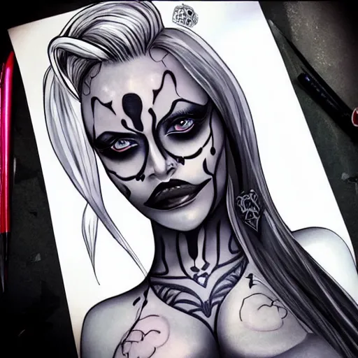 Prompt: drow woman with beautiful eyes, symmetrical face, and a latex top and tattoos