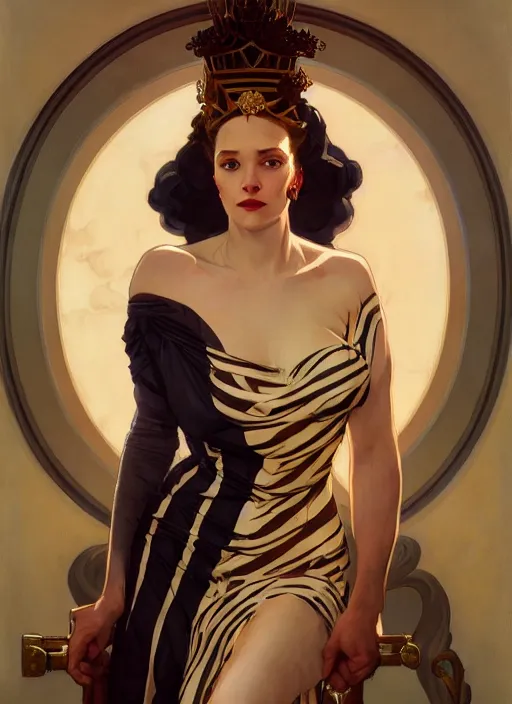 Image similar to leyendecker, brom, tiger striped high necked gown, lovely queen, portrait, long hair, small crown, feral languid woman, by greg rutkowski, anato finnstark, alphonse mucha, global illumination, radiant light