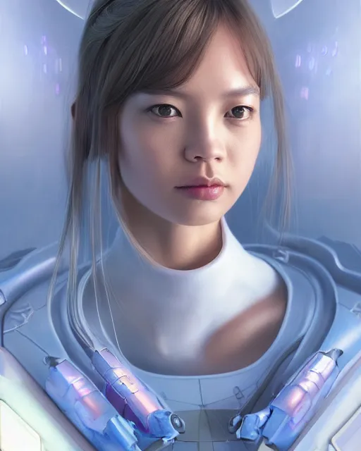 Prompt: portrait of Lalisa Manobal as futuristic airforce, inside future fighter, sci-fi, fantasy, intricate, very feminine, elegant, human anatomy, royal pink and blue light, highly detailed, digital painting, artstation, concept art, smooth, sharp focus, illustration, art by tian zi and WLOP and alphonse mucha, masterpiece, fix this image