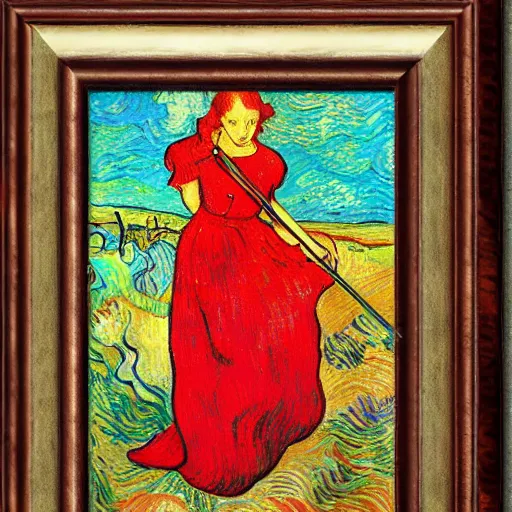 Image similar to woman with red hair red dress at the center of the stage playing redwood violin, artistic, renaissance, soft, detailed, vincent van gogh, greg rutowski, michaelangelo, artwork of the century, precision