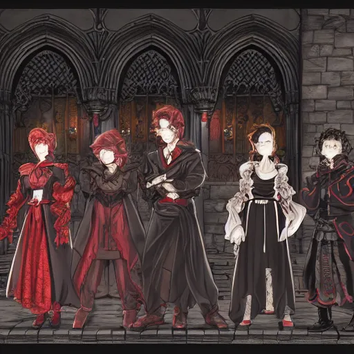 Prompt: a group of nerds dressed up on black red robes, extremely detailed intricate linework, smooth, super sharp focus, bright colors, high contrast, matte, octopath traveler, unreal engine 5 highly rendered, global illumination, radiant light, 8 k