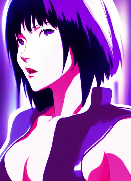 Image similar to a film still fullbody portrait of motoko kusanagi ghost in the shell, finely detailed features, closeup at the faces, perfect art, at a cyberpunk city, gapmoe yandere grimdark, trending on pixiv fanbox, by ilya kuvshinov, rossdraws, artgerm