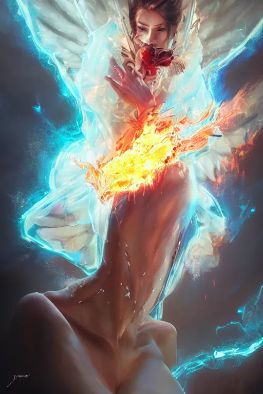 Image similar to torso closeup model wearing exploding fire crystal dress, sorcerer, diamonds, angel, fantasy, dramatic lighting, highly detailed, digital painting, holding electricity, magic the gathering, hyper detailed, 3 d render, hyper realistic detailed portrait, peter mohrbacher, wlop, ruan jia