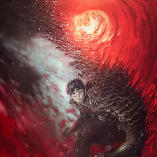 Prompt: guts from berserk submerged in red water, extremely detailed, made by wlop, maxwell boas, Sakimi chan,Naranbaatar Ganbold and Anato Finnstark