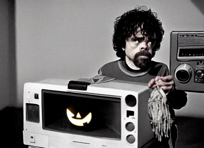 Image similar to a scene from a 1 9 8 2 s halloween iii, peter dinklage is watching tv, vhs distortion, cathode ray tube distortion, folk horror, hauntology, 8 k, 8 5 mm f 1. 8, studio lighting, rim light, right side key light