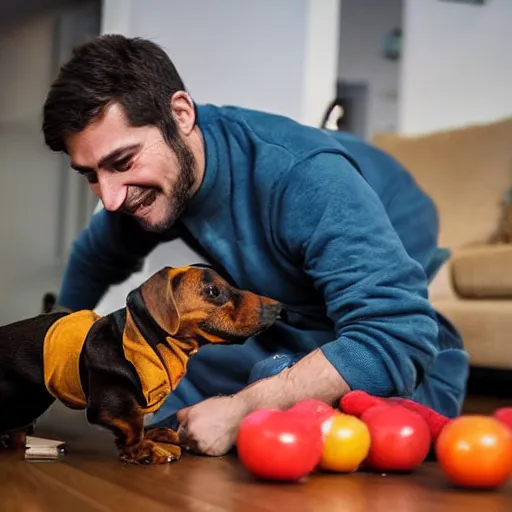 Image similar to award winning photograph, an argentinian playing fortnite with a dachshund, fruit around him, indoor, fun, friendly