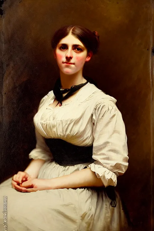 Prompt: photograph imax and solomon joseph solomon and richard schmid and jeremy lipking victorian loose genre loose painting full length portrait painting of a french german barmaid in classic costume