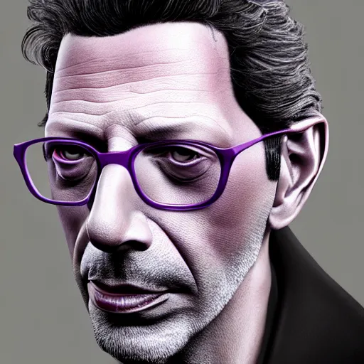 Image similar to close - up jeff goldblum face fused with violet plum ( ( lilac jeff goldblum's face ) ), jeff goldplum jeff goldblum sentient fruit, highly detailed, unreal engine, 3 d art, digital art, painting by greg rutkowski