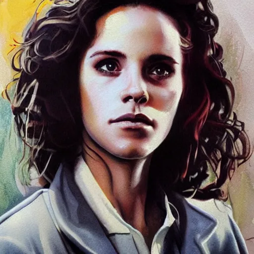 Image similar to detailed details photorealistic pictures of hermione with bachelor jacket in the style of bob peak and alex ross, gouache and wash paints color, detailed details facial and body and human and environments and proportionate, detailed 5 k details.