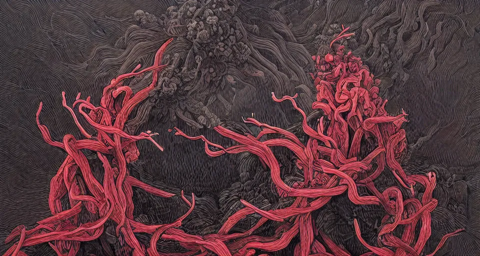 Prompt: a volcano made of ivory vines and crimson rocks enters in eruption, it spits a smoke in the shape of demonic eye, by James Jean