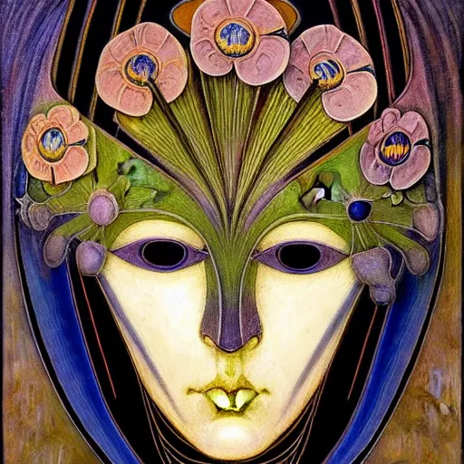 Image similar to masterpiece painting of a facemask made of stylized flowers, by annie swynnerton and jean delville and tino rodriguez and john watkiss, flower mask, art deco shaman, art brut, symbolist, dramatic lighting, god rays, elaborate geometric ornament, clean crisp graphics, soft cool colors, smooth, sharp focus, extremely detailed