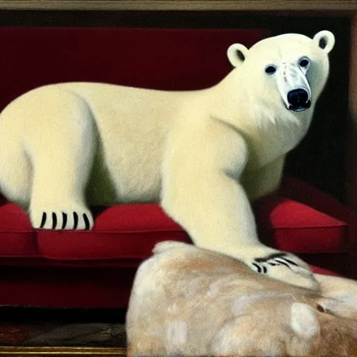 Image similar to polar bear sitting on a couch in the living room by george stubbs, artstation, oil on canvas