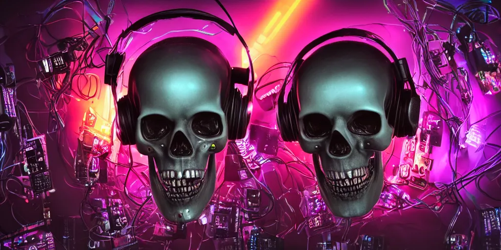 Image similar to a photorealistic cyberpunk skull, wearing headphones, bundles of electronic wires and cables coming out of its mouth, its eyes lighting up with LED lights, on stage at a party, vaporwave, scifi, trending on artstation, 4K, cinematic, epic lighting effects, strobe and laser lights, UHD, HDR