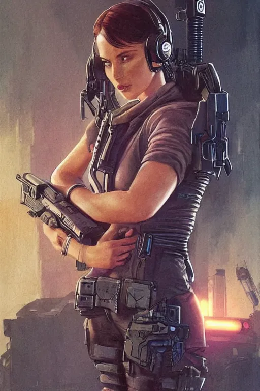 Image similar to Sonya. Confident blackops mercenary in tactical gear and cyberpunk headset. Blade Runner 2049. concept art by James Gurney and Mœbius.