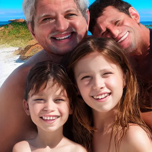 Image similar to happy family poses portrait on beach, realistic faces, realistic shaded perfect face, extremely fine details, realistic shaded lighting, 8 k ultra realistic