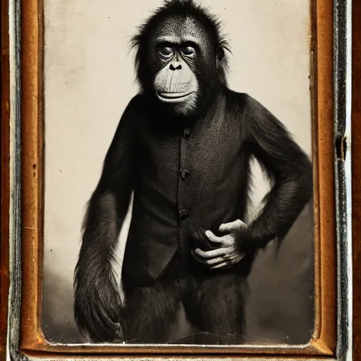 Image similar to An old orangutan in a suit, daguerrotype