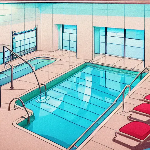 Prompt: detailed illustration of a swimming pool, interior, ornaments, artstation, hiroshi nagai, cinematic