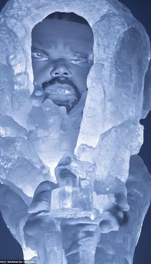 Image similar to the rapper'ice cube'carved out of ice, lit from bottom, full body, wide angle photo, award winning