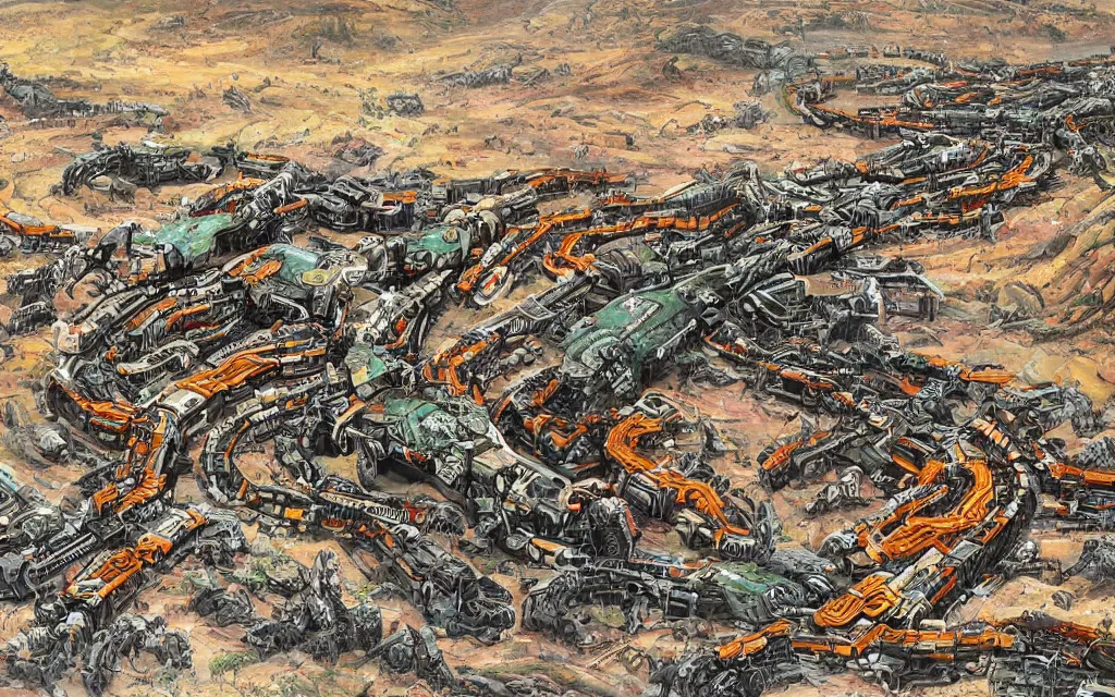 Image similar to giant robot centipede travelling across a broken landscape