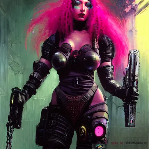Prompt: a portrait of a sexy cybergoth Doom Slayer, dystopian mood, vibrant colors, sci-fi character portrait by gaston bussiere, craig mullins, Simon Bisley, curvy