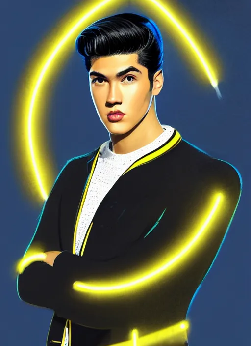 Image similar to portrait of young reggie mantle, mean smirk, egotistical, slicked back hair, striped yellow and black sweater, 1 9 5 0 s, intricate, elegant, glowing lights, highly detailed, digital painting, artstation, concept art, smooth, sharp focus, illustration, art by wlop, mars ravelo and greg rutkowski