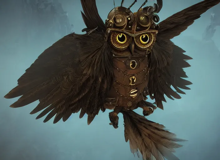 Image similar to a flying Warrior owl art nuveau, steampunk, symmetry, cinematic lighting , unreal engine,