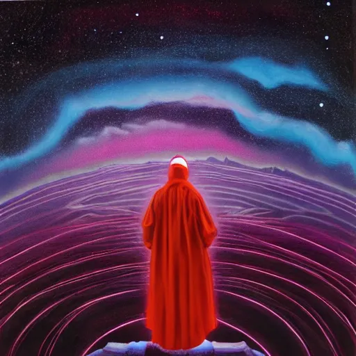 Image similar to A robed wanderer stands atop the final summit at the end of time as witness to the final fleeting moments of the universe. A highly detailed surreal oil painting on neon geometric canvas of the last wizard and the doom of spacetime.