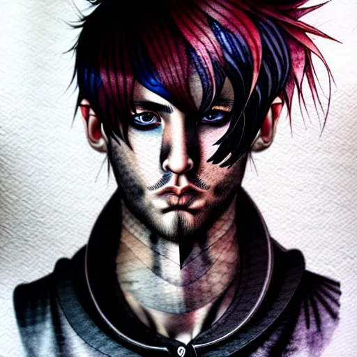 Image similar to hyper realistic ink and watercolor drawing of a handsome emo guy full portrait, detailed, rim light, diffused, intricate, axe, battle, emo by anna dittmann,
