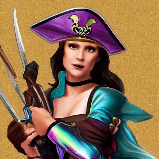 Prompt: a swashbuckling pirate with iridescent!!!! skin!!!!!, she is holding melee weapons