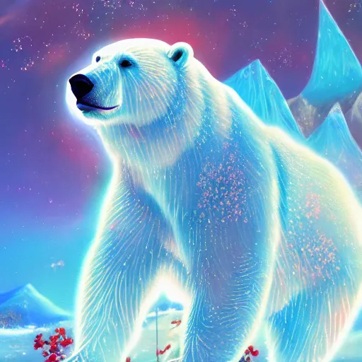 Image similar to blue paper + an intricate polar bear and a beauty depiction + elaborate red illustration, very detailed, deviantart, 8 k vertical wallpaper, tropical, colorful, airy, anime illustration, anime nature