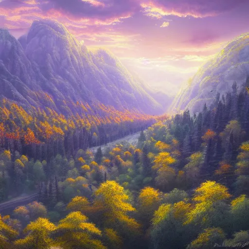 Prompt: a beautiful ultradetailed painting of a forest next to a valley, dawn, Albert Bierdstat, Makoto Shinkai, 4k, trending on artstation, Aerial Photography, Ultrawide Lens