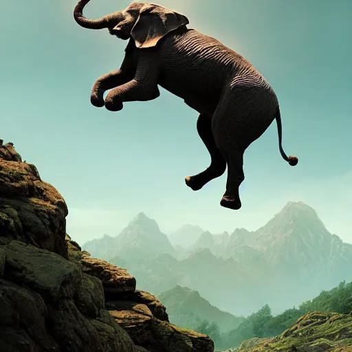 Prompt: ( dog ) jumps from mountain, ( dog ) looks like elephant, intricate, epic lighting, cinematic composition, hyper realistic, 8 k resolution, unreal engine 5, by artgerm, tooth wu, dan mumford, beeple, wlop, rossdraws, james jean, marc simonetti, artstation