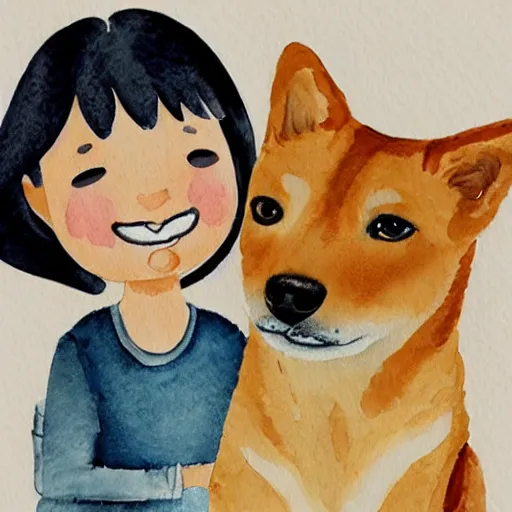 Image similar to a watercolor illustration of a girl with light brown hair, hazel eyes and freckles accompanied by a shiba inu and a cat