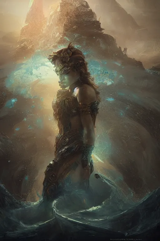 Image similar to Atlantis guardian, portrait, fierce, intricate, elegant, volumetric lighting, scenery, digital painting, highly detailed, artstation, sharp focus, illustration, concept art, ruan jia, steve mccurry