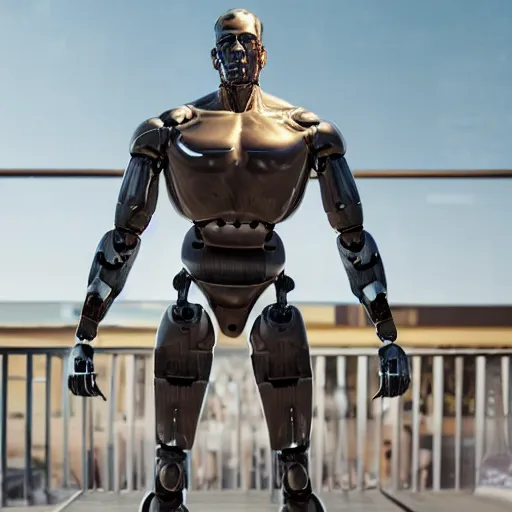 Image similar to a realistic detailed photo of a guy who is an attractive humanoid who is half robot and half humanoid, who is a male android, wrestler john cena, shiny skin, posing like a statue, blank stare, by the pool, on display, showing off his muscles, humanoid robot, frozen ice statue