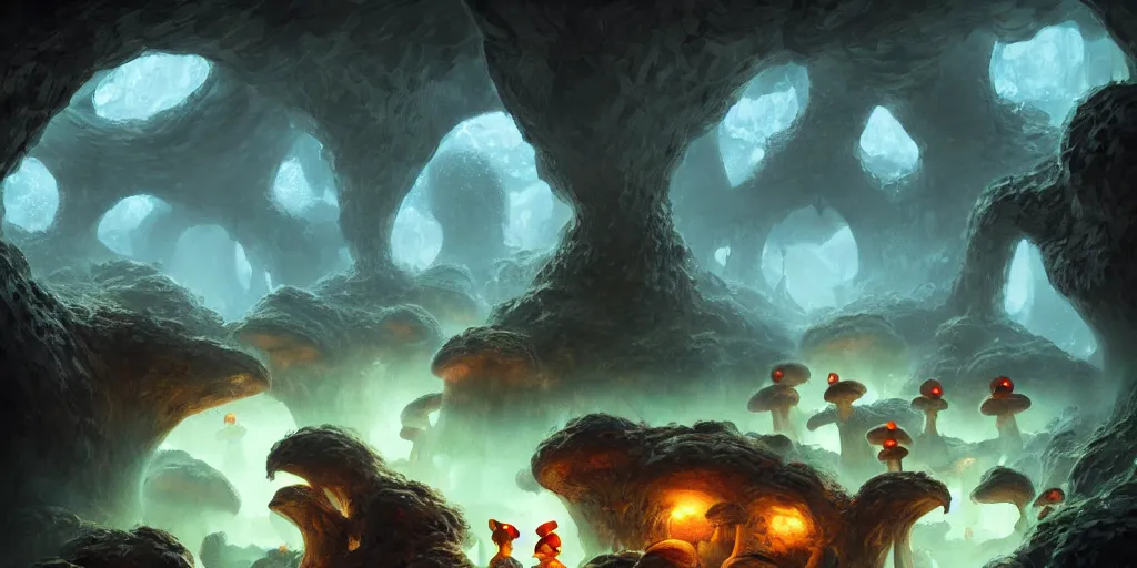 Image similar to goblin miners in a mushroom cave, concept art, digital illustration, trending on artstation, deviantart, artgerm, epic composition, masterpiece, highly detailed, advanced technique, ambient lighting, wlop, ross draws