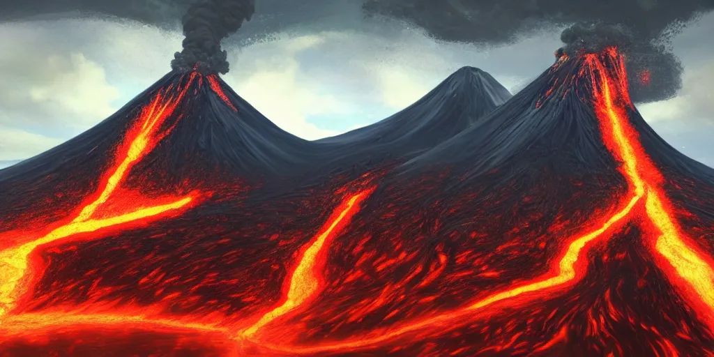 Prompt: a volcano erupting and lava sliding down to a village, wide angle, super highly detailed, professional digital painting, artstation, concept art, smooth, sharp focus, no blur, no dof, extreme illustration, Unreal Engine 5, Photorealism, HD quality, 8k resolution, cinema 4d, 3D, beautiful, cinematic, art by artgerm and greg rutkowski and alphonse mucha and loish and WLOP