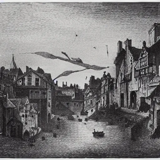 Prompt: medieval town floating in the sky, gustave dore engraving