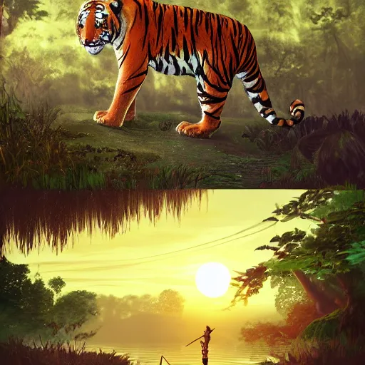 Image similar to anthro tiger bandit standing in swamp water gazing at the sunset, fantasy, studio ghibli, dungeons & dragons, wide shot, dramatic lighting, dynamic, ultra realistic, ultra detailed, colorful, 8 k, thin line work, trending on artstation