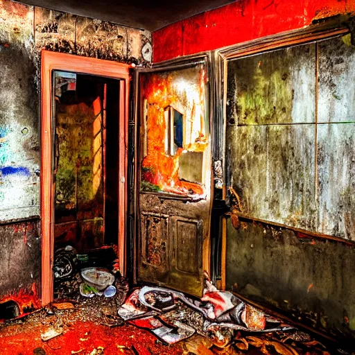 Prompt: UHD hyperrealistic photorealisitc Filthy toilet full and overflowing with pad thai and meatloaf, brown gravy, in derelict abandoned bathroom, Vibrant colors, irrdescent glow, Tonalism Painting