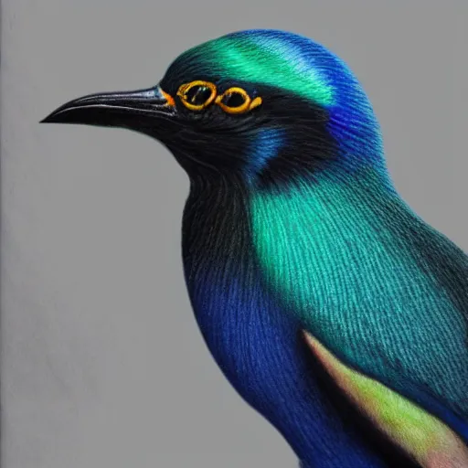 Image similar to a colored pencil drawing of a cap glossy starling by natalia rojas and ana maria martinez jaramillo, pastel color, wingspan, highly detailed, realistic graphite, artstation, 4 k, realism, photorealism, fine art