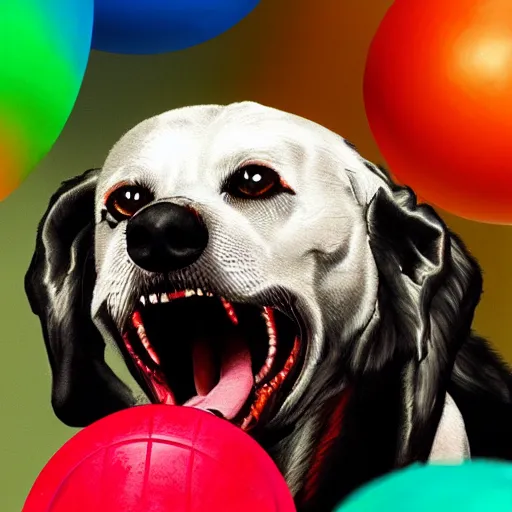 Image similar to snarling hell hound playing with a colorful beachball in hell, digital painting, trending on artstation