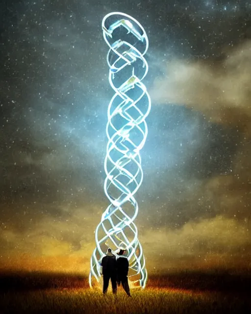 Image similar to in a field, two scientists in lab coats encounter a monster shaped like the DNA double helix, stormy weather, night scene, volumetric light, fireflies