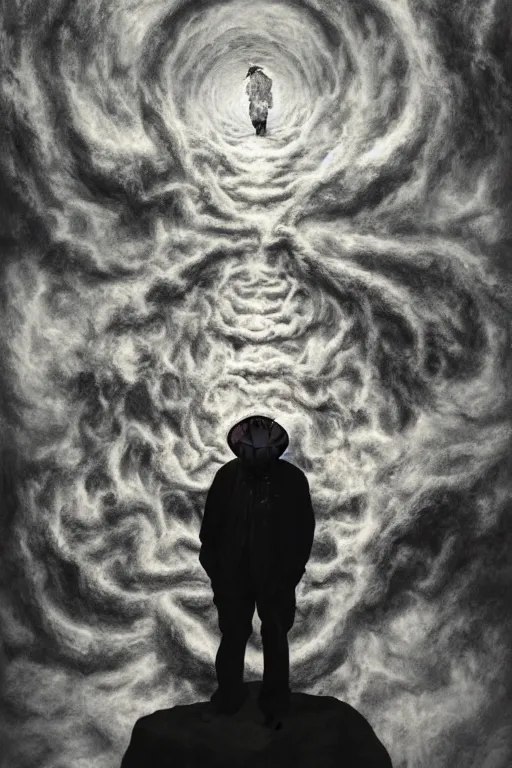 Image similar to dramatic matte portrait painting of man with black mandelbrot fractal instead of face, horror, body horror, dark art,