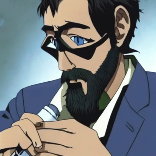 Image similar to rare photo of gendo ikari smoking a joint