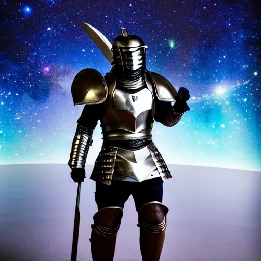 Prompt: photo of a real-life beautiful warrior with galaxy coloured armour