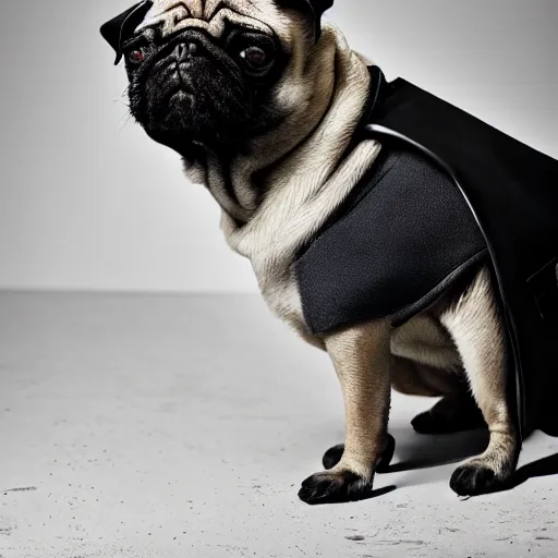 Image similar to portrait of a pug as a rick owens model, darkwear, techwear, rick owens, y 3, yohji yamamoto, goth pug, photo