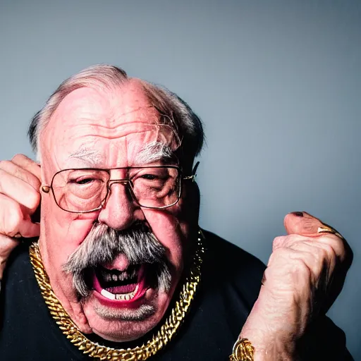 Image similar to dslr portrait photo still of!!! wilfred brimley!!! as a gangsta rapper with gold chains and gold teeth grills growling at camera!!! holding up his hand to show off his large ornate rings!!!, 8 k, 8 5 mm f 1. 8