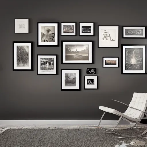 Prompt: photo of wall with collection of framed art for rich collectors, ultra - realistic hdr highly detailed cinematic lighting