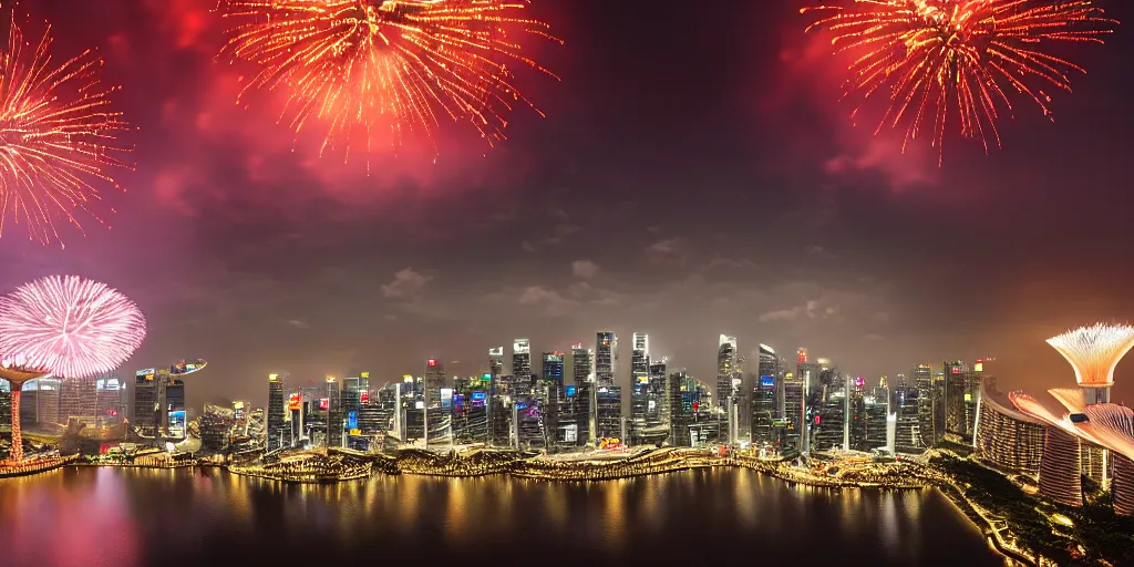 Image similar to Singapore city with a lion-shaped!!!!! cloud in the sky and fireworks in the sky, by Makato Shinkai, red and white lighting, digital art, ultra realistic, ultra detailed, photorealistic, 4k, character concept